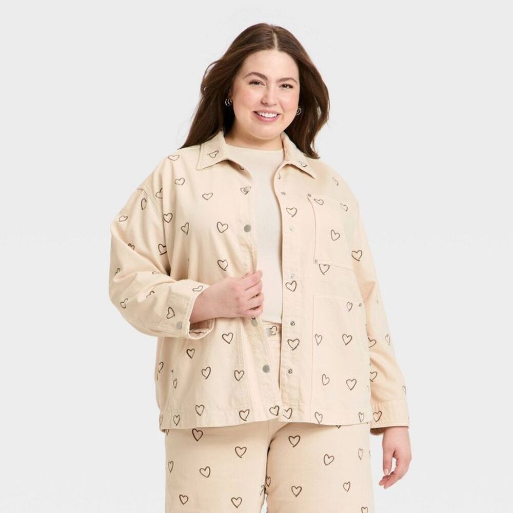 Women's Heart Embroidered Chore Denim Jacket - Universal Thread Cream XXL